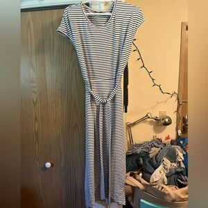 Tulip hem belted stripe dress